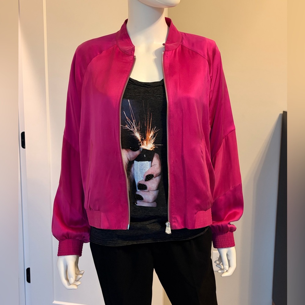 NWT rag & bone Trail Silk Track Jacket, Fuchsia, Size Medium